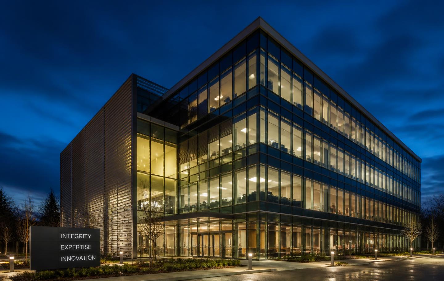 Modern commercial building at dusk
